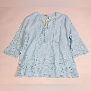 NWT Marina Luna Eyelet Embroidered Top 3/4 Sleeve Blue Linen Blend Women’s L